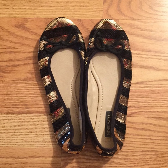 Nine West Black & Gold Sequin Striped Flats 8M - Picture 3 of 6